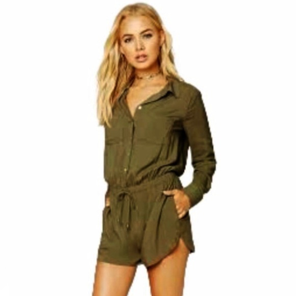 Forever 21 Pants - ROMPER JUMPSUIT OLIVE GREEN Forever 21 Button Long sleeve Elastic Waist Tie Siz…